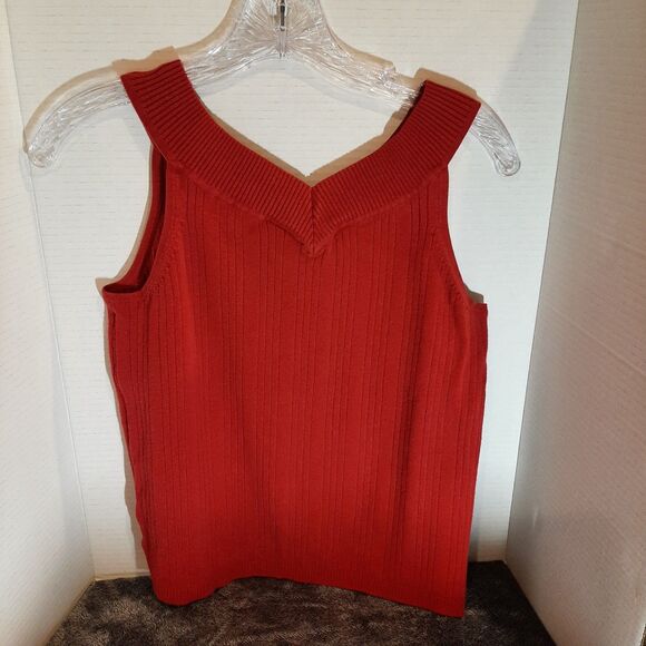 Y2K VTG Faded Glory Ribbed Large Tank 90s Striped Sleeveless Sweater V Neck Red - Picture 3 of 8
